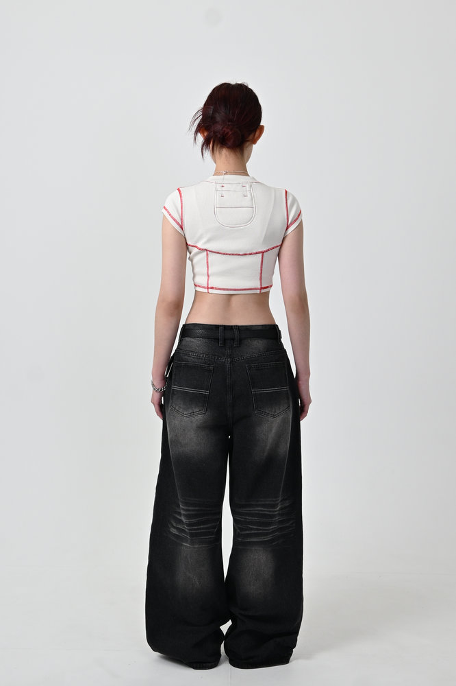 【10日以内お届け】 ウォッシュドブラックバギーデニム L2011