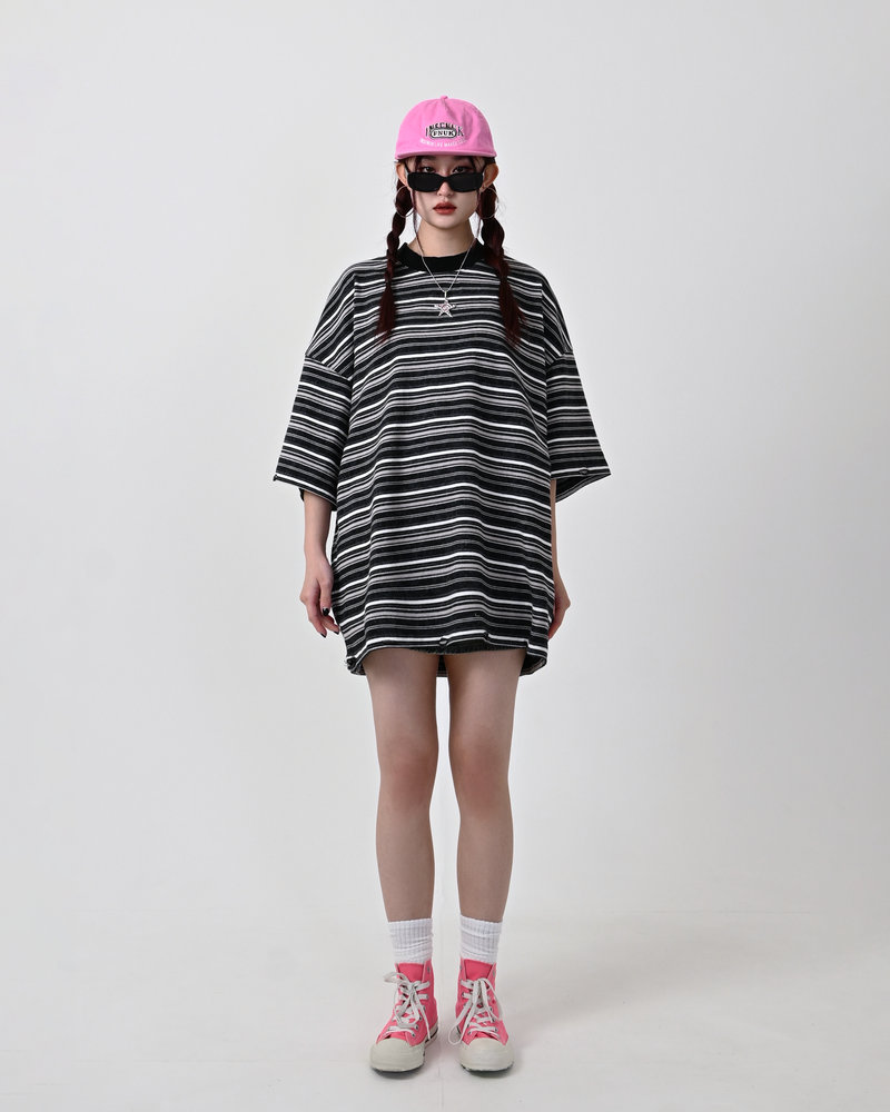 【10日以内お届け】ウォッシュドダメージボーダーT L2107