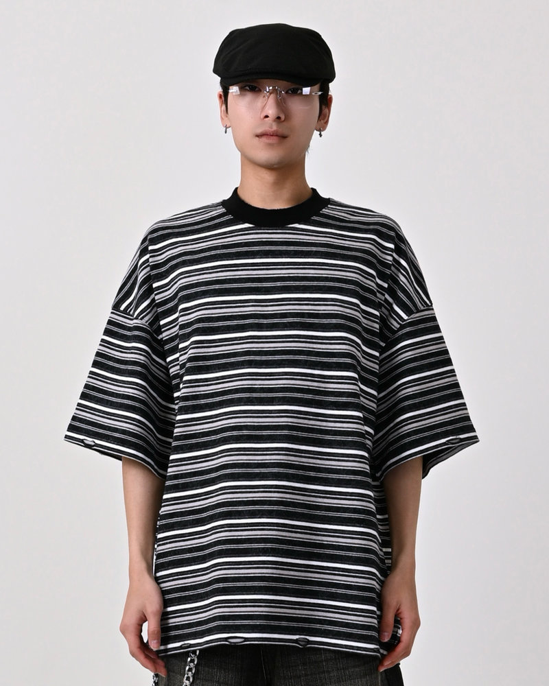 【10日以内お届け】ウォッシュドダメージボーダーT L2107